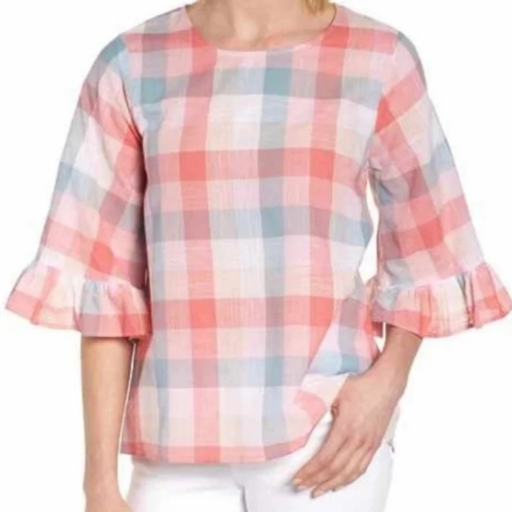 L • Bobeau • Ruffled Bell Sleeves Blue & Pink Pastel Plaid Blouse 100% Cotton
